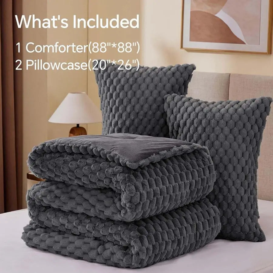 Fluffy Queen Comforter Set Grey Fleece Soft Comforter for Queen Size Bed, Luxury Warm Bedding Set for Winter, Fuzzy Bed Set 3 Pi