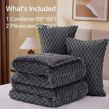 Fluffy Queen Comforter Set Grey Fleece Soft Comforter for Queen Size Bed, Luxury Warm Bedding Set for Winter, Fuzzy Bed Set 3 Pi