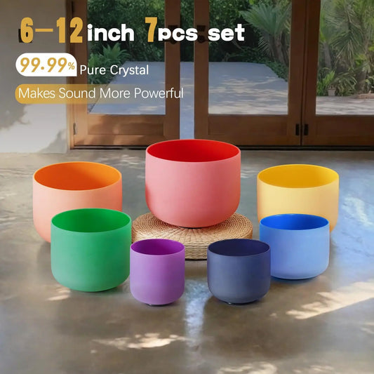 CVNC 440HZ 6-12 Inch Colored Frosted Chakra Quartz Crystal Singing Bowls Set of 7PCS for Sound Healing with 2PCS Bags