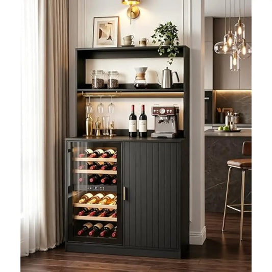 Mini Fridge Cabinet with Hutch, Wine Glass Rack, LED Lighting, Built-in Power Outlets & USB Ports, Spacious Bar Prep Surface for Living Room