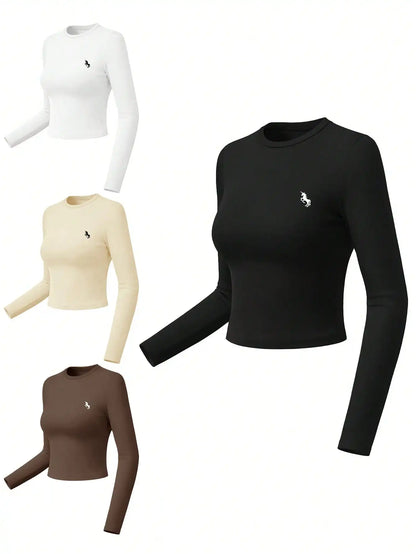 4-Pack Women's Solid Color Round Neck Long Sleeve Crop Tops, Casual Fall/Winter Tees