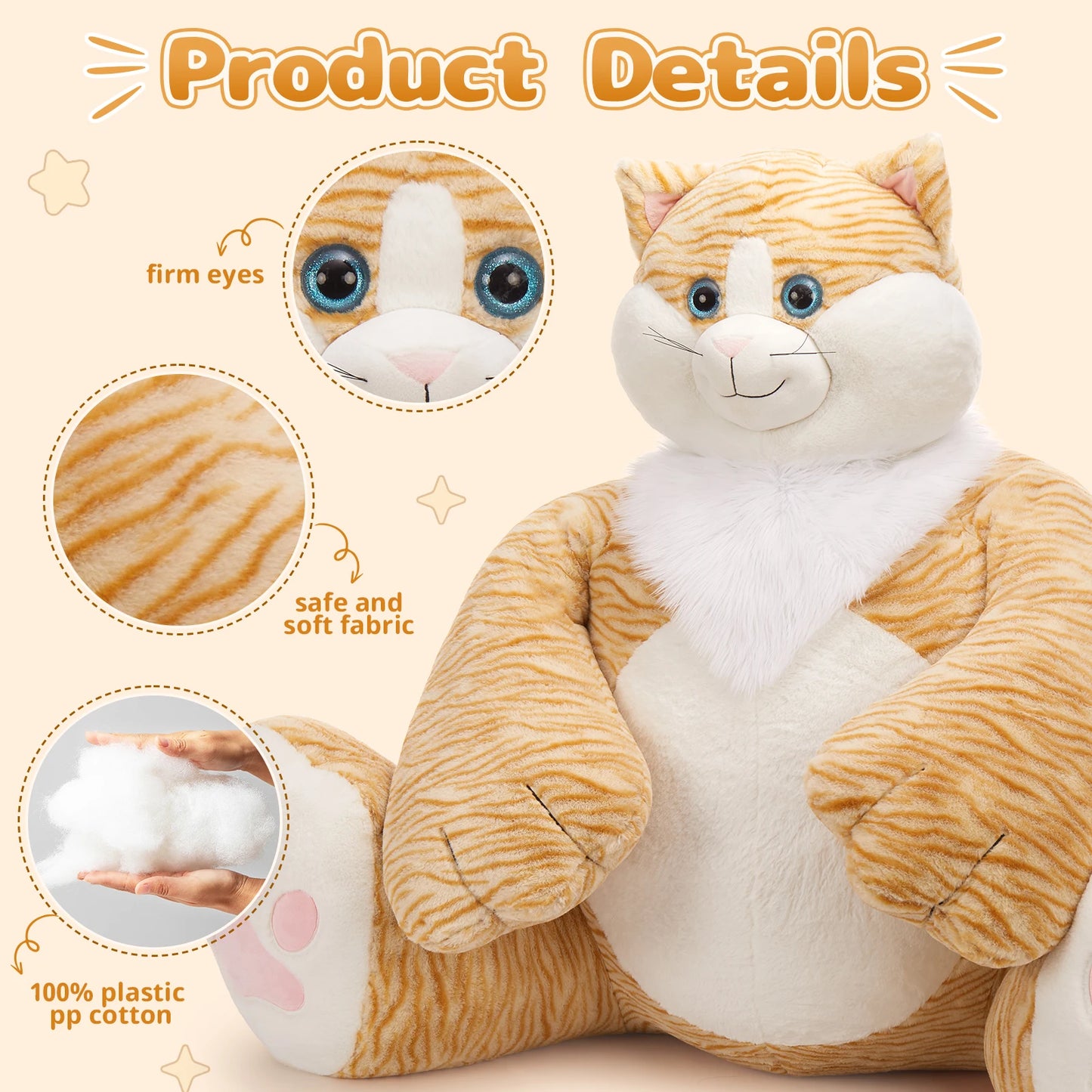 20lbs Giant Big Fat Orange Cat Plush Toy, Large Overweight Cat Stuffed Animal 39.3 inches Huge Cute Jumbo Soft Toys