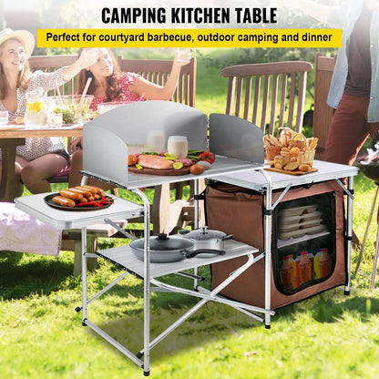 VEVOR Portable Camping Kitchen Table, Aluminum Folding Cook Station with Windscreen, Storage, Carrying Bag, Quick Setup for Outd