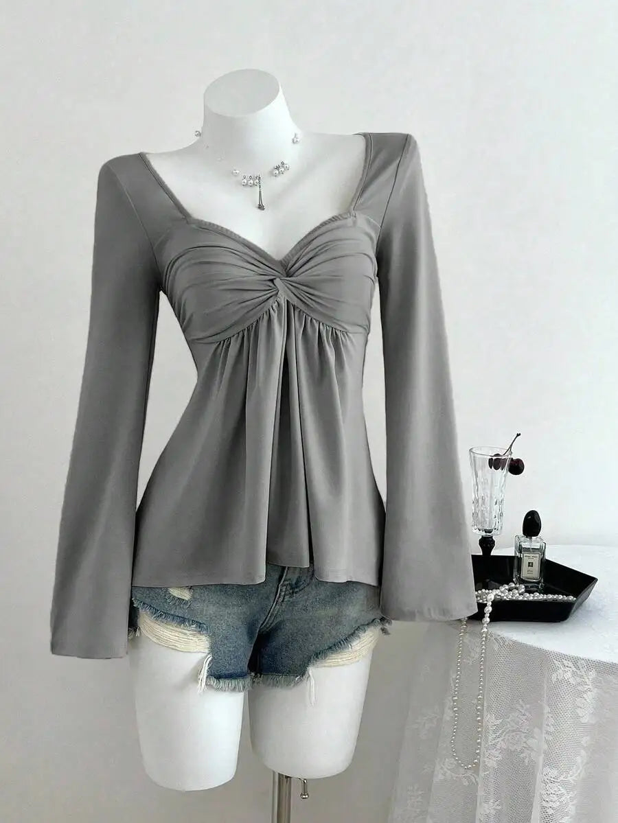 Women's Twist Front V-Neck Long Sleeve Top with Bell Sleeves, Casual Elegant Spring Autumn Blouse