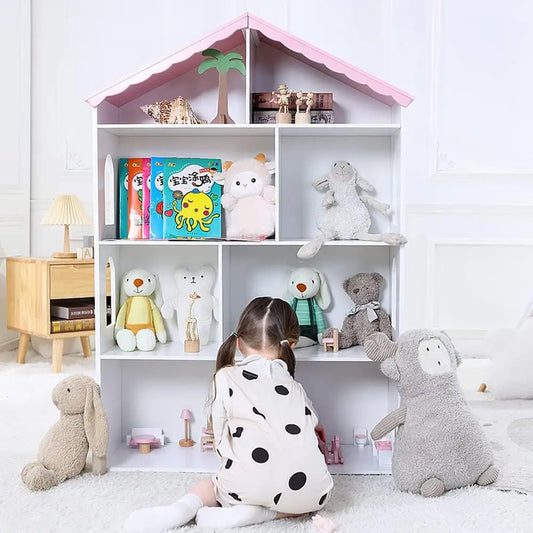 Wooden Dollhouse Bookshelf 4-Tier Children's Bookcase Display Storage Doll House Organizer Furniture for Kids Bedroom Playroom N