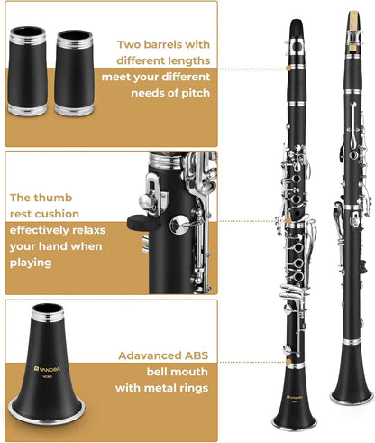 Bb Clarinet for Beginners, Nickel-Plated with Hard Case, Stand, Cleaning Kit & Accessories for School Band