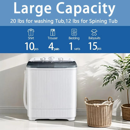 Portable Washing Machine, 32lbs Twin Tub (20lbs Washer + 12lbs Spinner) with 10 Hangers and Drying Rack, Semi-Automatic Compact