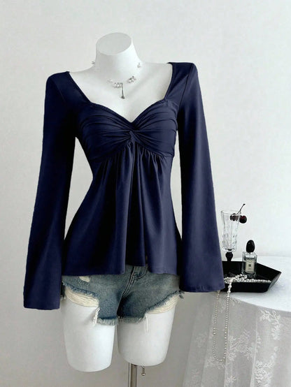Women's Twist Front V-Neck Long Sleeve Top with Bell Sleeves, Casual Elegant Spring Autumn Blouse