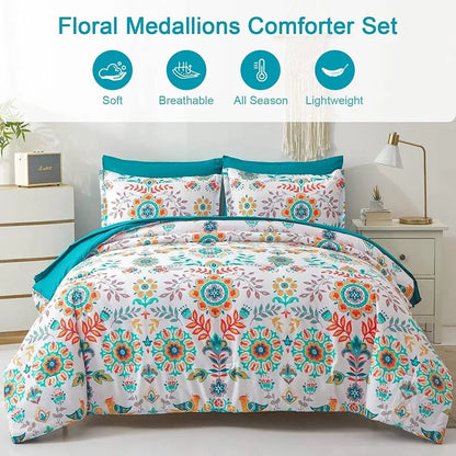 Boho Comforter Set Twin 5 Pieces Bed in a Bag Floral Medallions Design, Bohemian Comforter Set with Sheets, Soft Microfiber Comp