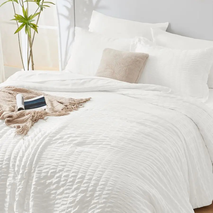 Queen Comforter Set White Seersucker 7 Pieces Bed in a Bag Queen Comforter Set with Sheets, Luxury Soft Bedding Set with Down Al