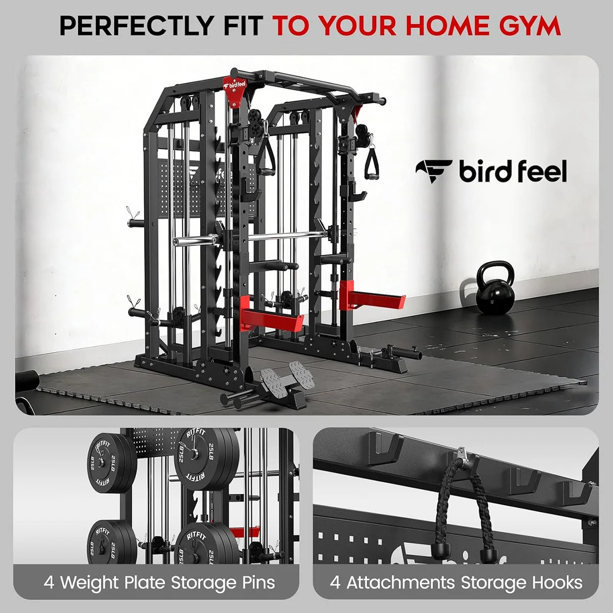 Pooboo Multi-Function 2000LB Power Cage Smith Machine, Dual Pulley Cable Crossover | Home Gym Squat Rack Featuring LAT Pulldown & Strength Training Attachments, Pegboard