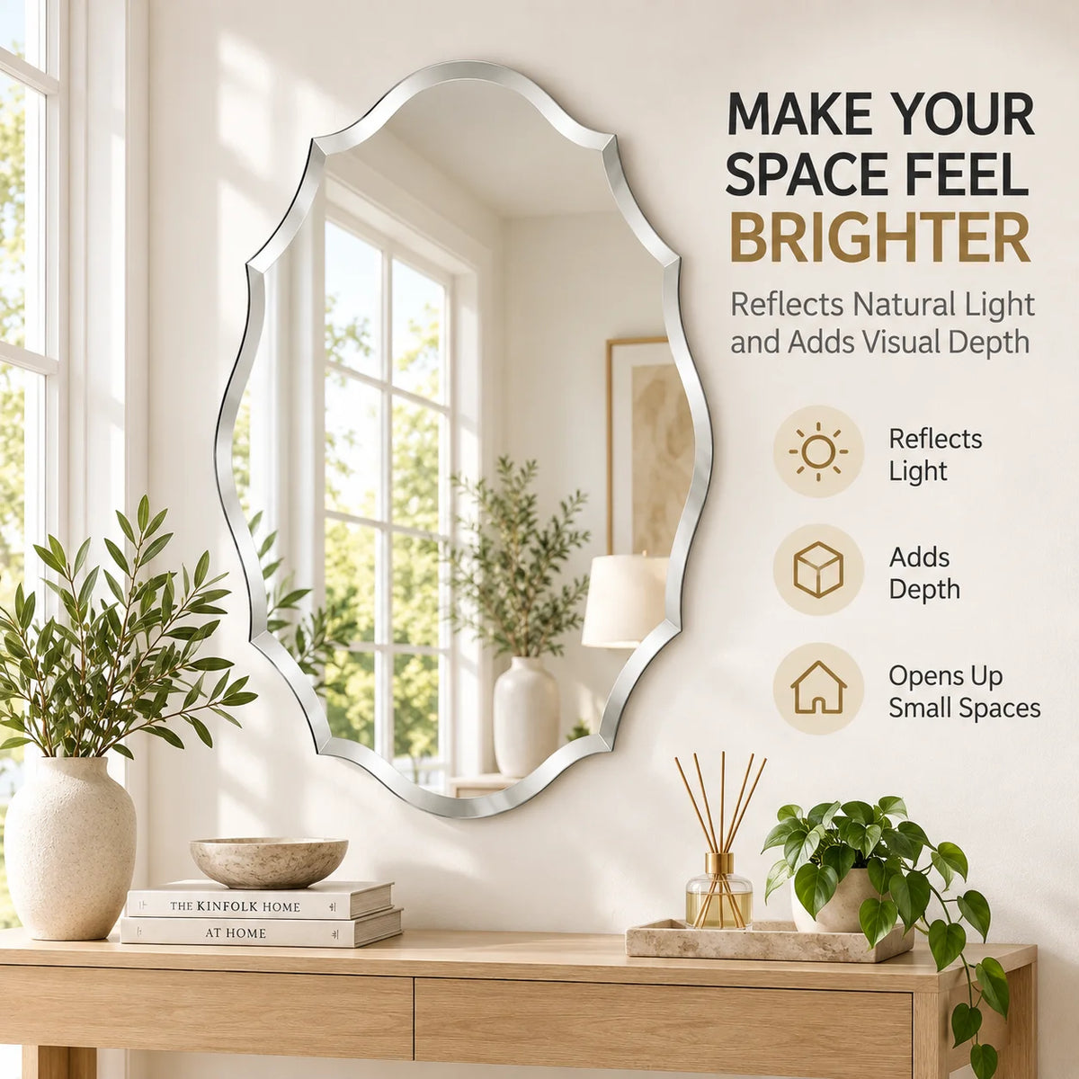 Irregular Wall Mirror Frameless Asymmetrical Decorative Vanity Mirror Wall Mounted for Bathroom Bedroom Living Room Hallway