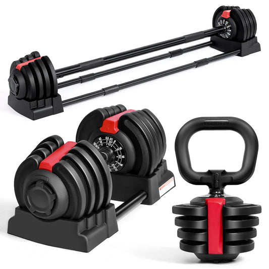 KERDOM 1-Sec Fast Adjustable Dumbbell 1pc, 12 Free Weight Set with Connector, 3 in1 Dumbbells Set Used as Barbell, Kettlebells, Push up Stand, Fitness Exercises for Home Gym Equipment, Non-slip Metal Handle, 2-43 lbs Suitable
