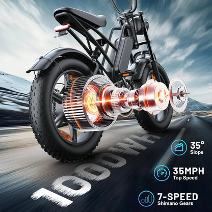 E500 Electric Bike for Adults 1000W Peak Motor, 20" Fat Tire Dirt E-Bike with 35MPH, 40 Miles PAS Range, Electric Bicycles