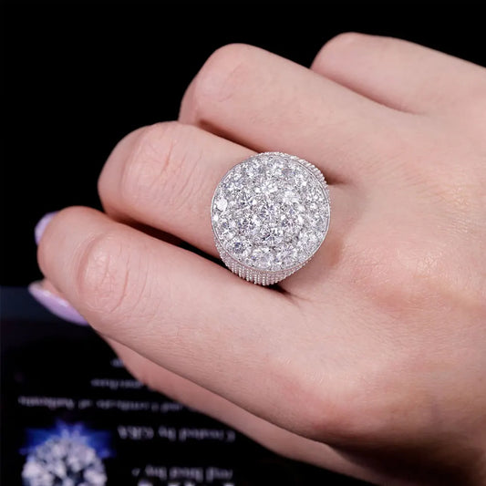 925 Sterling Silver Pave Moissanite For Men's Round Wrapped Flower Bud Ring, Hip Hop Statement Jewelry Street Party Gifts