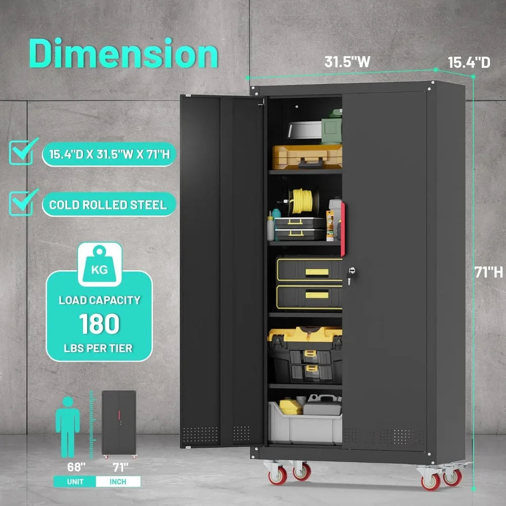 Metal Garage Cabinets with Wheels Steel Lockable Garage Storage Cabinet with Adjustable Shelves, Heavy-Duty Tool Storage Cabinet
