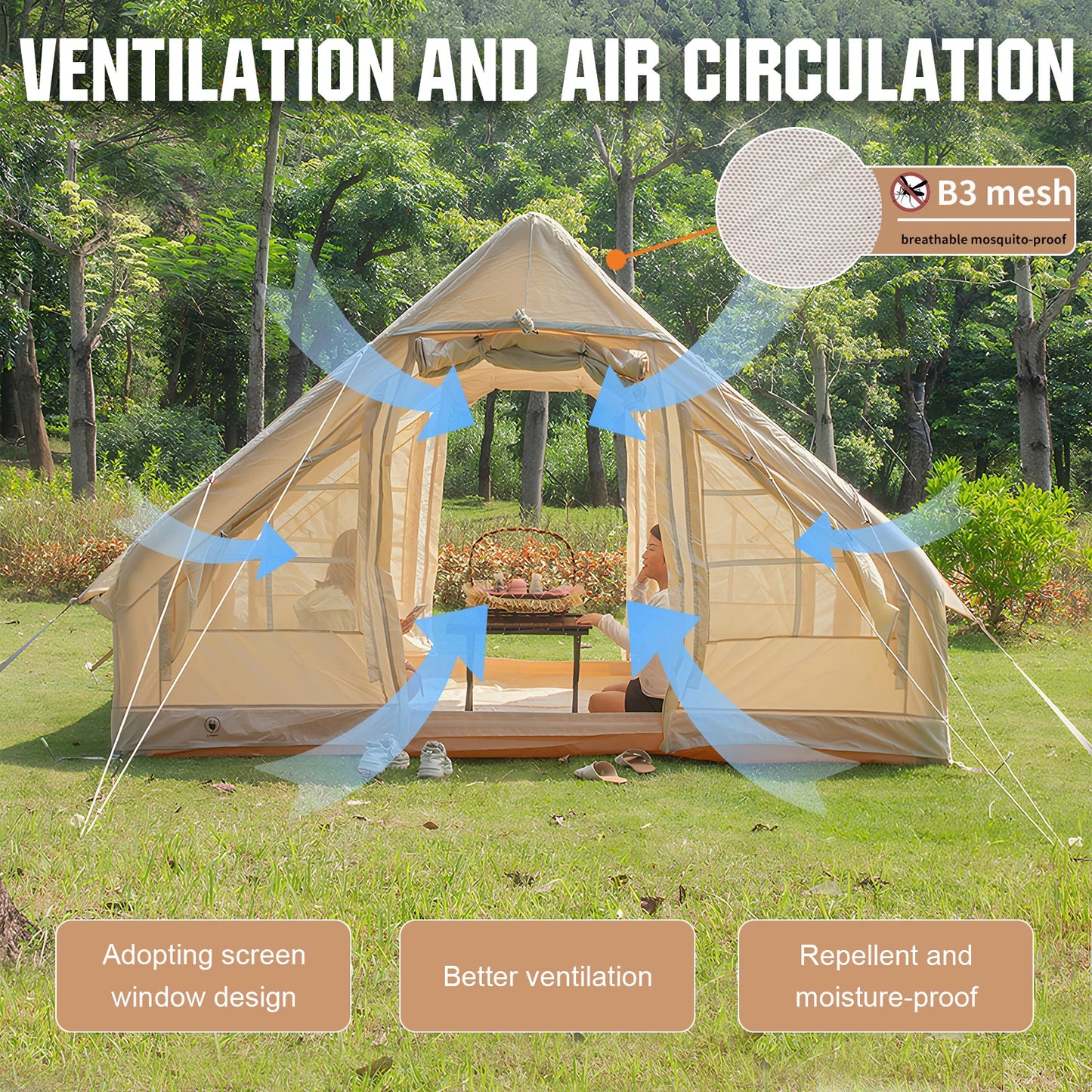 Inflatable Tent with Hand Pump Portable Glamping Tent Breathable Air Family Tunnel Tent Oxford Fabric for 4-6 People