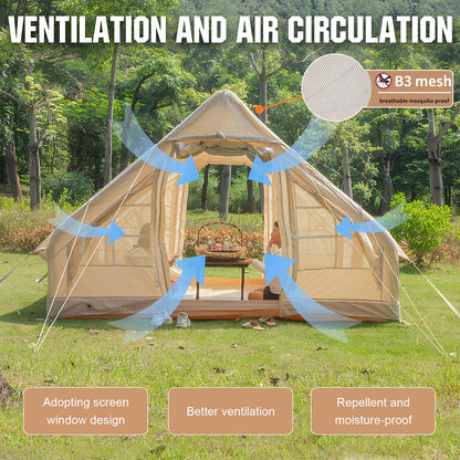 Inflatable Tent with Hand Pump Portable Glamping Tent Breathable Air Family Tunnel Tent Oxford Fabric for 4-6 People