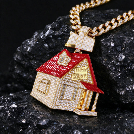 18K Gold Plated Cubic Zirconia Iced Out House Pendant For Hip Hop Music Lovers Rap Culture Party Wear Cool Accessories Red Enamel House Shape 3D Hip Hop Necklace Charm For Men Rapper Bling Micro Pave CZ Diamond Pendant Street