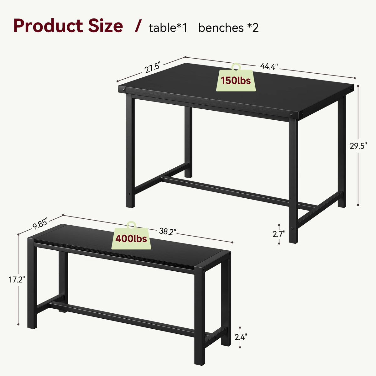 44.4'' Farmhouse Dining Table Set for 4, Kitchen Table Set with 2 Benches, Space-Saving Dinette, 3 Piece Industrial Breakfast Table Set for Small Space, Apartment, Rustic Brown/Black