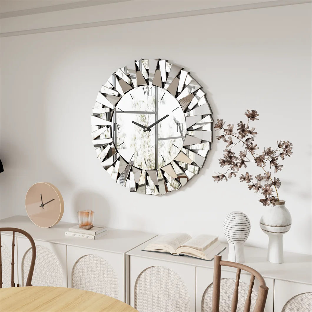 Large Wall Clock 3D Mirrored Clocks Sunburst Edge 32"/80CM Round Roman Numeral Modern Living Room Dining Room Fireplace Decor