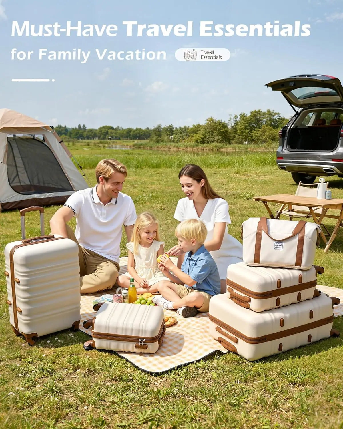 LONG VACATION 6 Piece Luggage Set Carry on Suitcase with ABS+PC hardshell, Spinner Wheels & YKK Zipper TSA Lock (BEIGE-BROWN