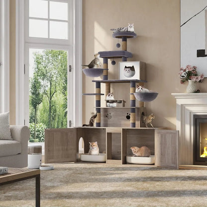 "two-tier cat tree with dual litter box huts, comprehensive cat tower, feline condo featuring sisal scratching posts, hanging be