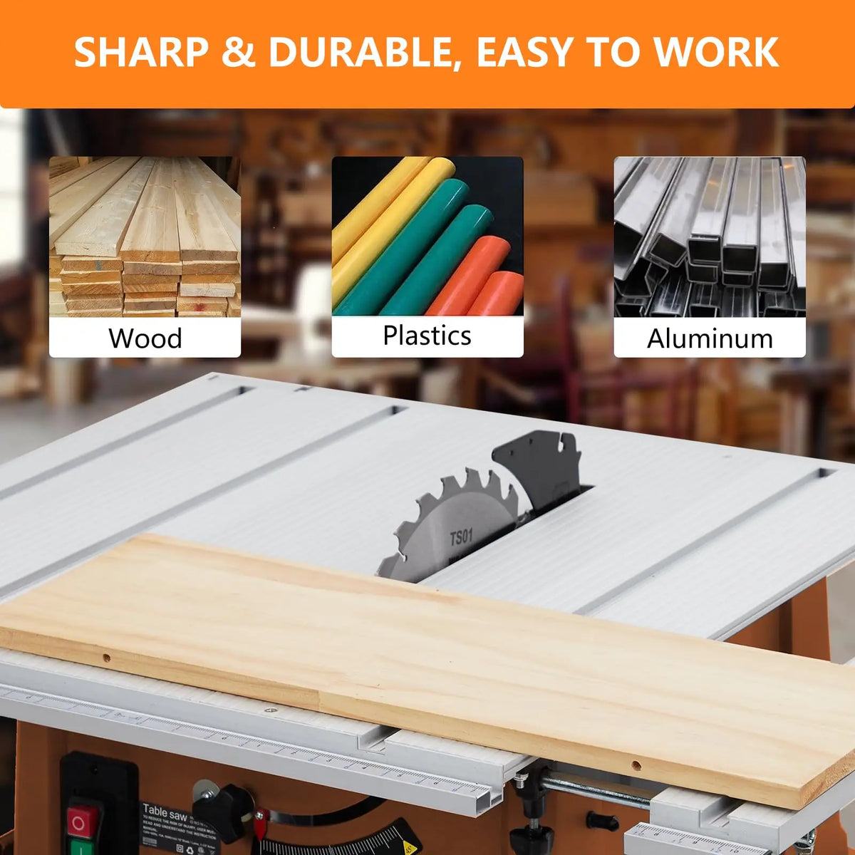 Table Saw, 10 in 15A Multifunctional Saw with Stand & Push Stick for Jobside, 90° Cross Cut & 0-45° Bevel Cut, Cutting Speed Up to 5000RPM, Adjustable Blade Height, Ideal for Woodworking, Orange