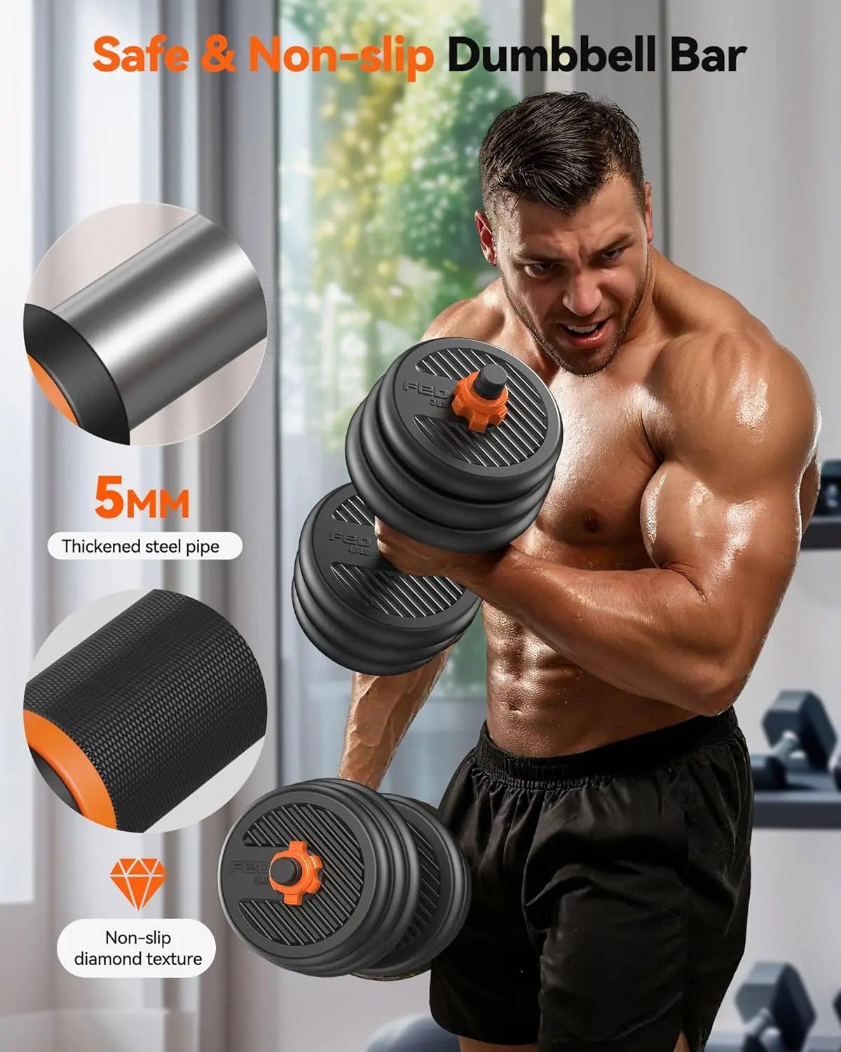 Adjustable Dumbbell Set 20-90lbs, 5-in-1 Free Weights for Barbell, Kettlebell & Push-Up Stand, Home Gym Fitness Equipment