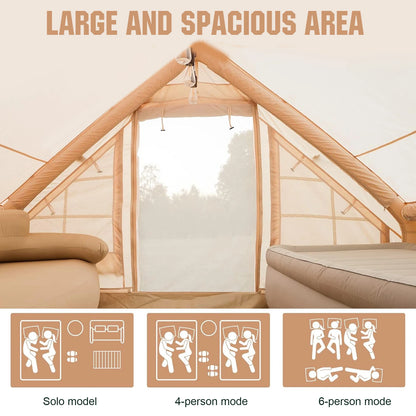 Inflatable Tent with Hand Pump Portable Glamping Tent Breathable Air Family Tunnel Tent Oxford Fabric for 4-6 People