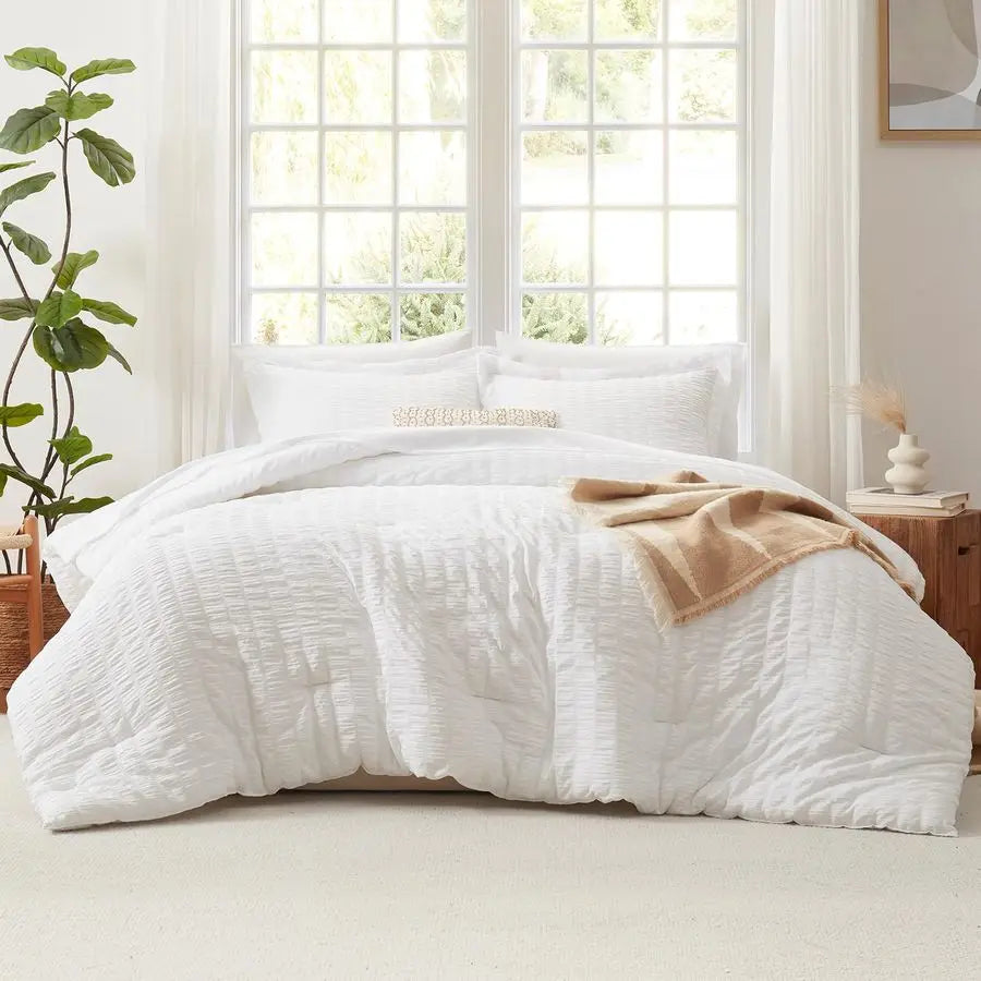 Queen Comforter Set White Seersucker 7 Pieces Bed in a Bag Queen Comforter Set with Sheets, Luxury Soft Bedding Set with Down Al