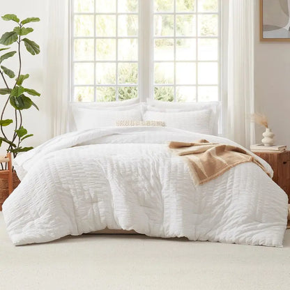 Queen Comforter Set White Seersucker 7 Pieces Bed in a Bag Queen Comforter Set with Sheets, Luxury Soft Bedding Set with Down Al