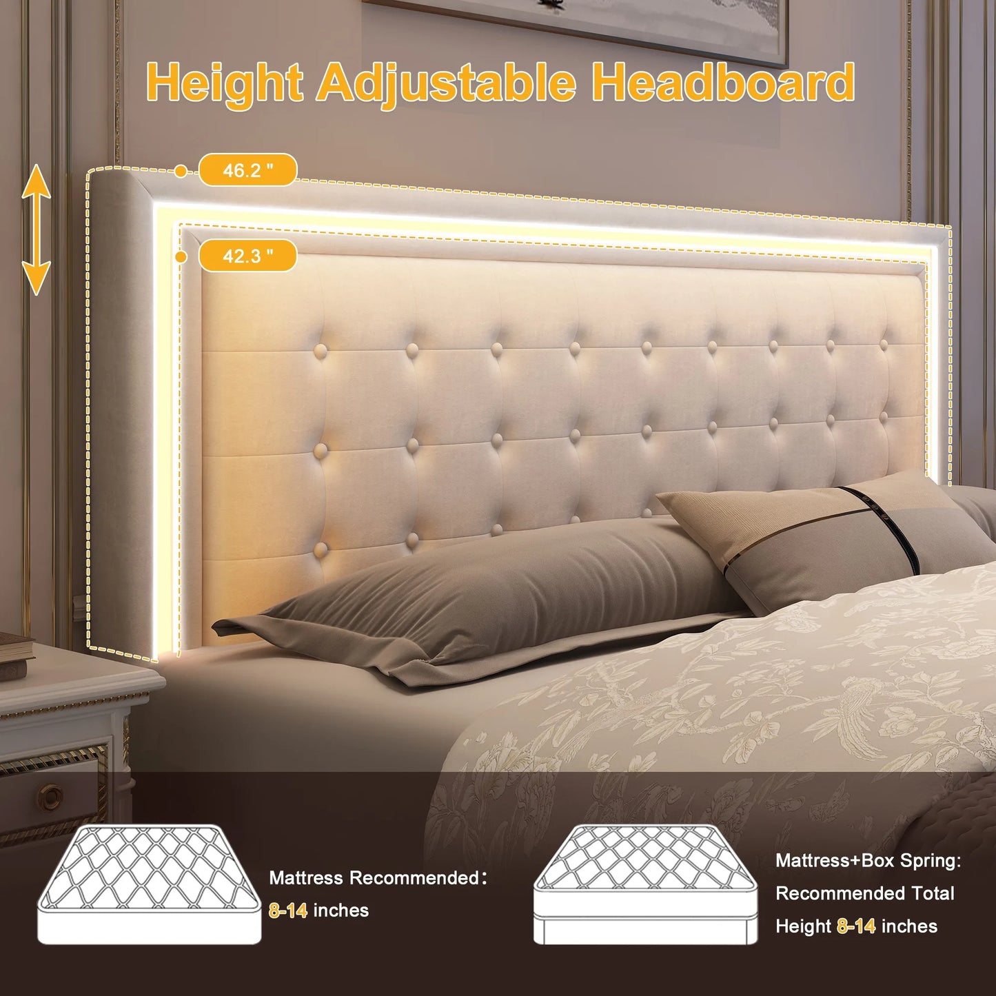 GEGOFORU Queen LED Bed Frame with 4 Storage Drawers, RGBW Headboard, PU Upholstered, No Box Spring Needed, 900 lbs Support