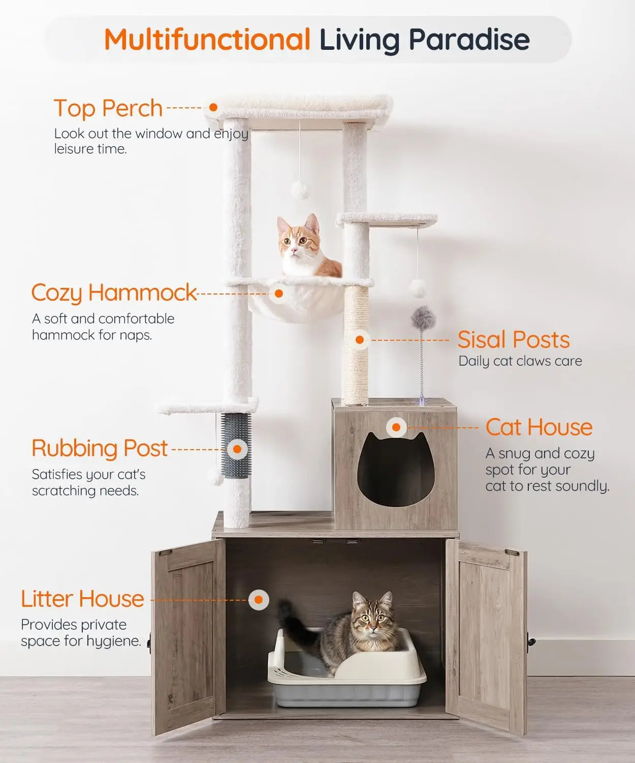Tall Cat Tree with Hidden Litter Box, Multi-Level Play Tower for Indoor Cats, Sisal Posts and Cozy House