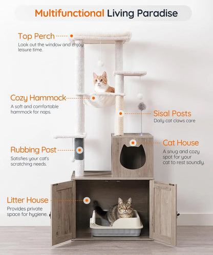 Tall Cat Tree with Hidden Litter Box, Multi-Level Play Tower for Indoor Cats, Sisal Posts and Cozy House