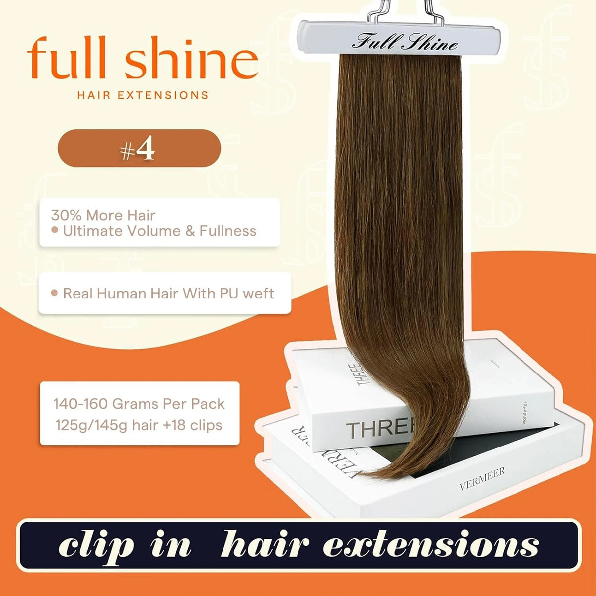 Full Shine Seamless Invisible Clip in Extensions Human Hair 8 Pcs Remy Straight Hair for Women