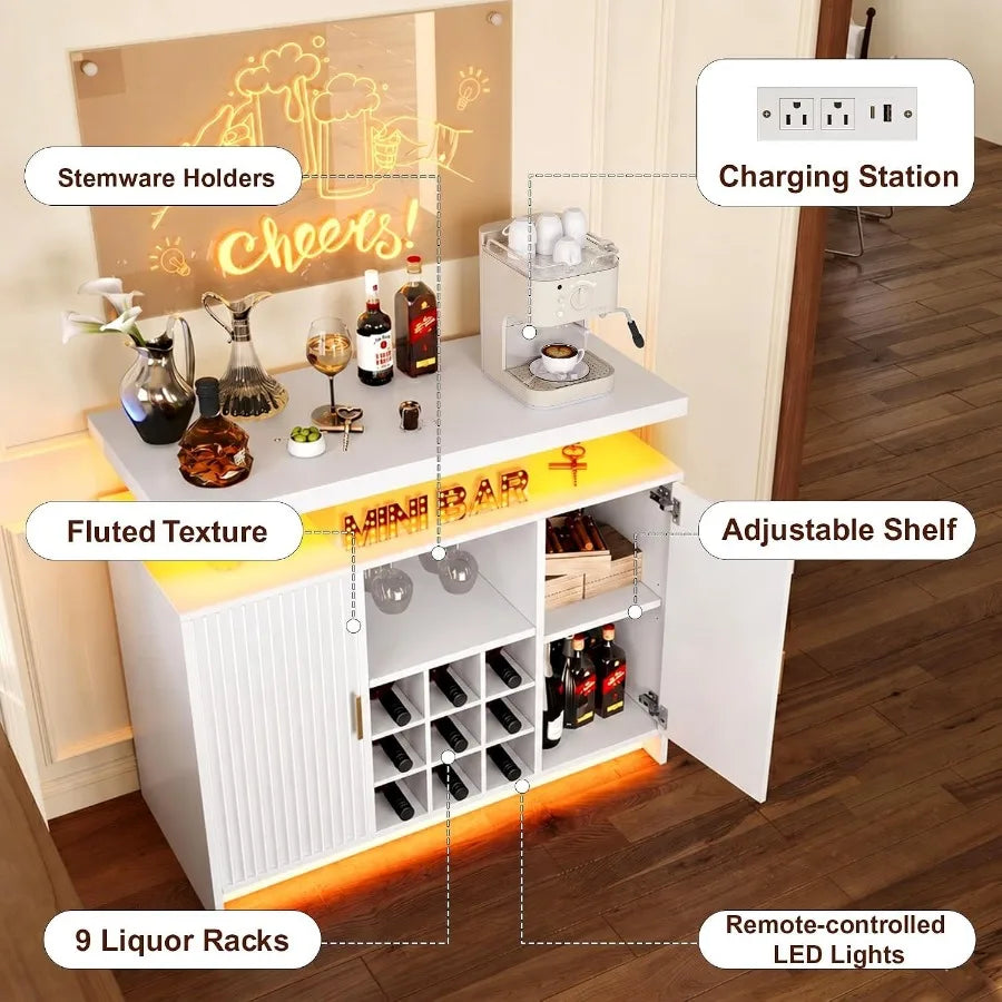 Coffee Bar Cabinet, Wine Storage with Power Outlet and LED Lights