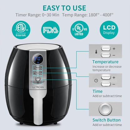 ULTREAN 4L Air Fryer Electric Hot fryer Oil-free Auto Household Kitchen 360°Baking Convection Oven Deep Fryer with Touch Control