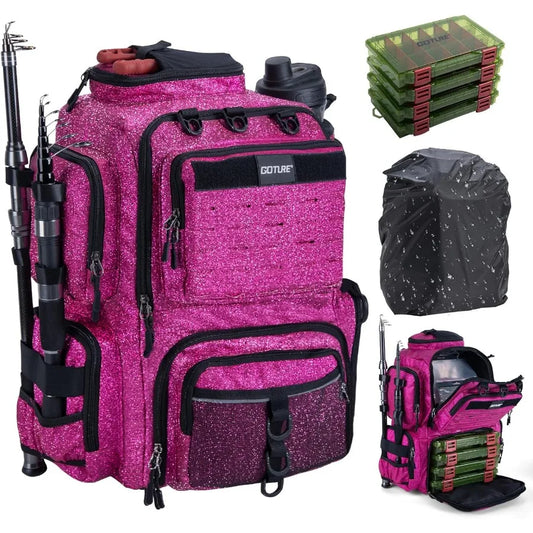 Goture Fishing Backpack with 4 Tackle Boxes 900D WaterResistant Tackle Backpack with Rod Holders 45L Large Fishing Bag Storage