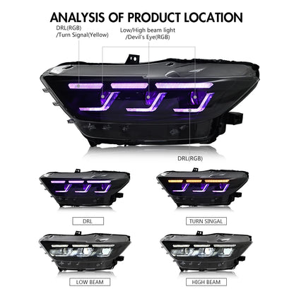 RGB Headlights For Ford Mustang 2015-2017 A Pair of LED HeadLamps Assembly Projector Car Accessories