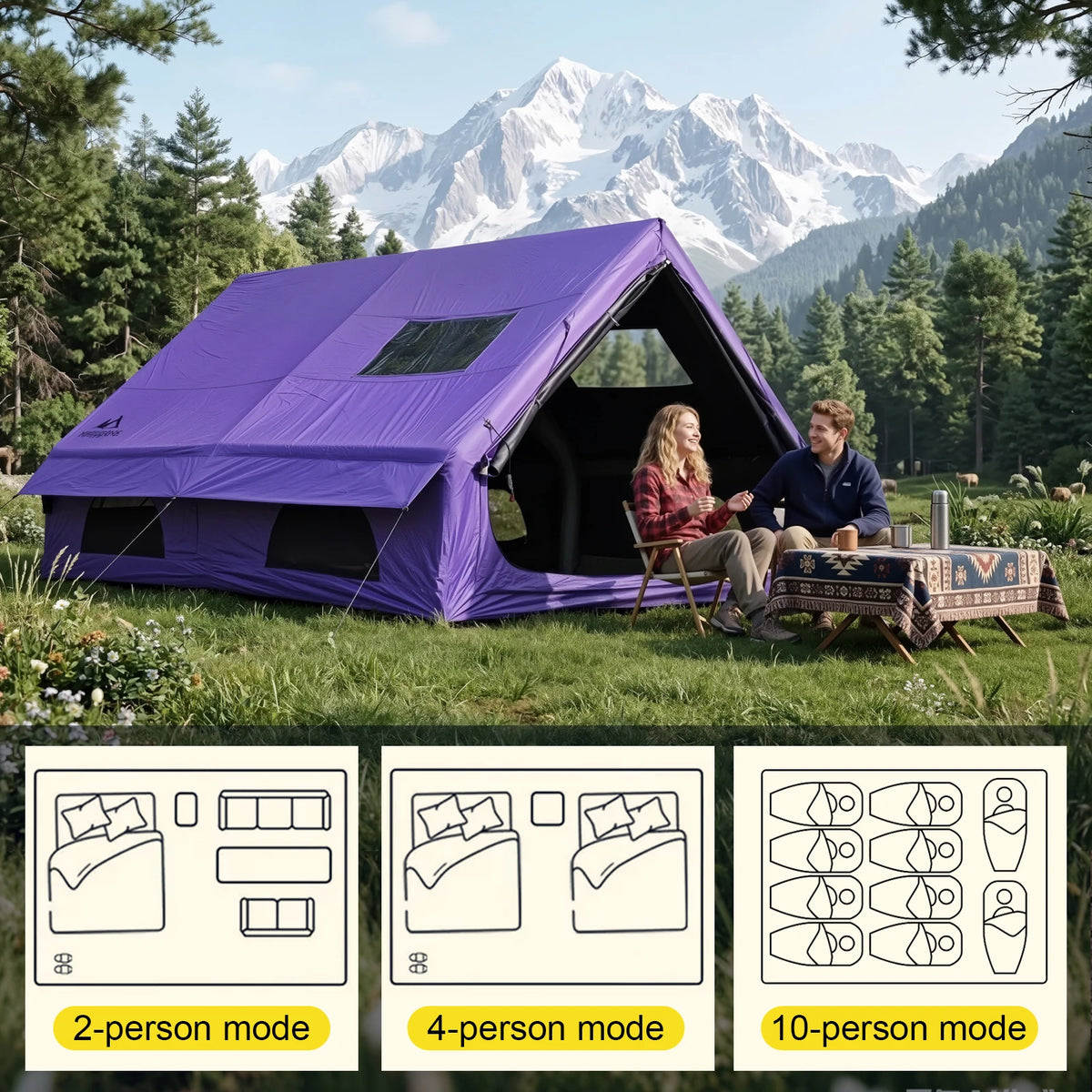 SENLEETO 129 Square Feet Black Coating Inflatable Tent Luxury Glamping House Tent 4-8 Person 4 Season Blow Up Camping Tent with Stove Jack AC Port Air Tent with Moisture-proof Mat and Fireproof Mat
