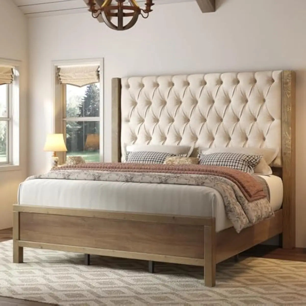 King Size Solid Wood Bed Frame,57' Wingback Headboard,Walnut