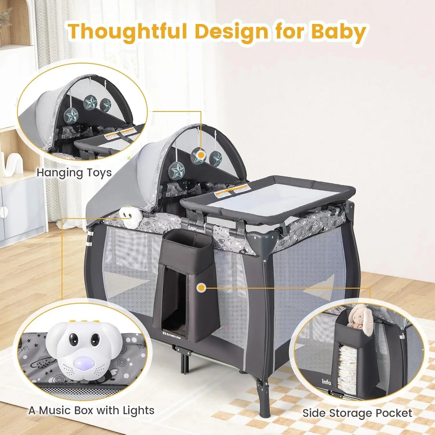 4-in-1 Portable Baby Playard with Bassinet, Changing Table, Canopy & Music Box for Newborns to Toddlers (Grey)