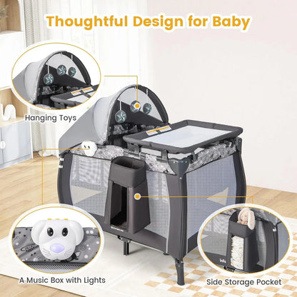 4-in-1 Portable Baby Playard with Bassinet, Changing Table, Canopy & Music Box for Newborns to Toddlers (Grey)