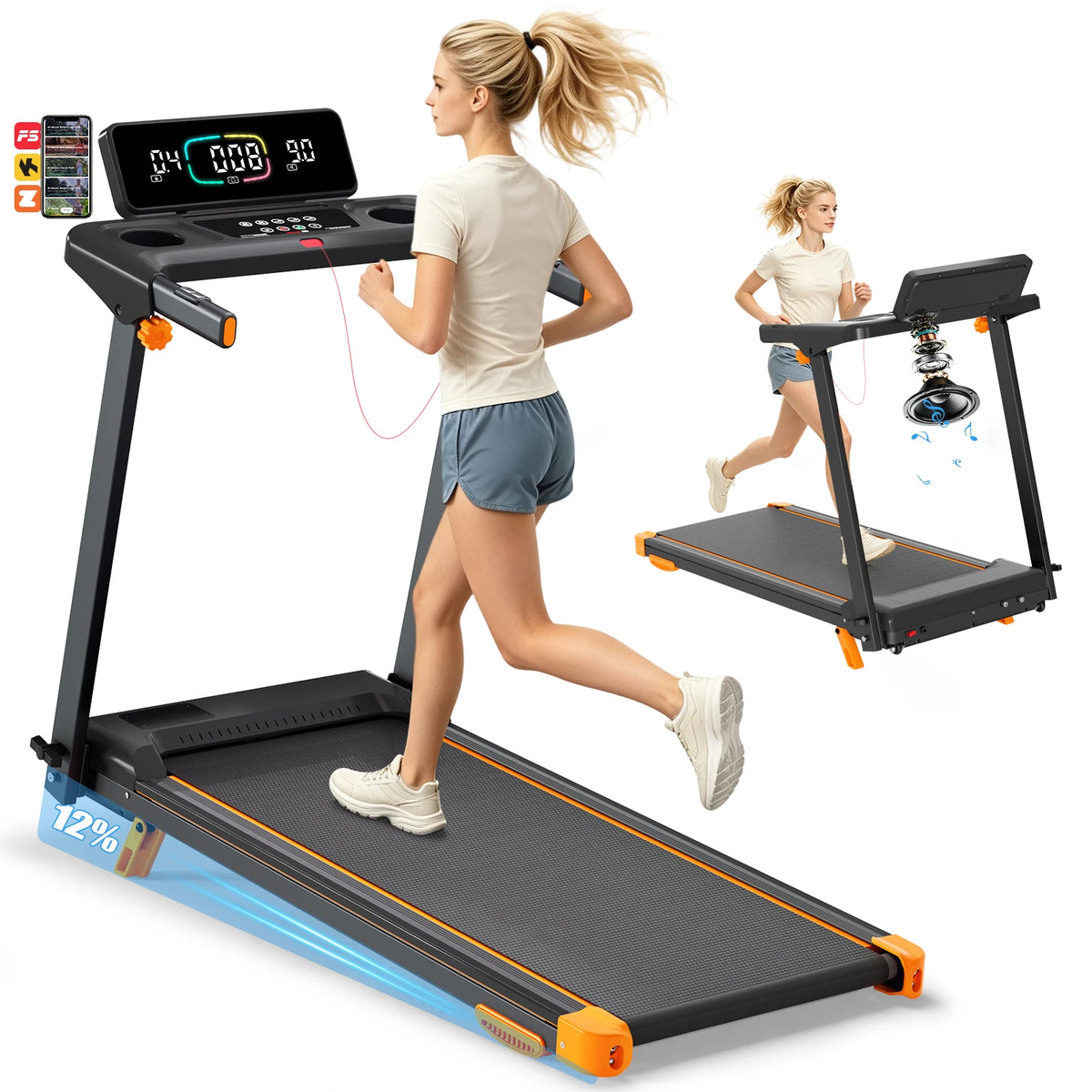 3.0HP Quiet Foldable Treadmill,12% Incline,0.6-7.5MPH 3-in-1 Training,12 HIIT Modes,App,Bluetooth speaker,Heart Rate Monitor,Shock Absorption,300LBS Capacity,Space-Saving Home Gym with Wheels