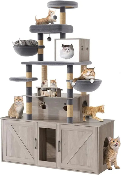 "two-tier cat tree with dual litter box huts, comprehensive cat tower, feline condo featuring sisal scratching posts, hanging be