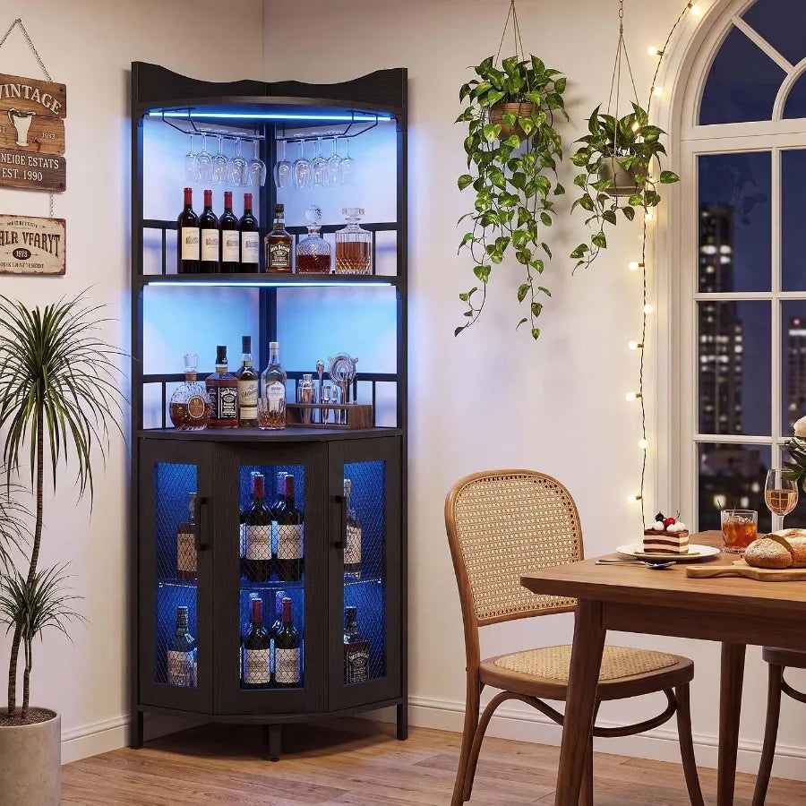 Corner Bar Cabinet, 5Tier Wine Cabinet with Power OutletsandLED Lights