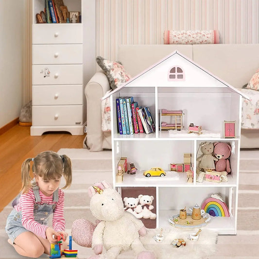 Wooden Dollhouse Bookshelf 3-Tier Doll House Bookcase Kids Books Toys Storage Organizer Shelves for Children's Bedroom Playroom
