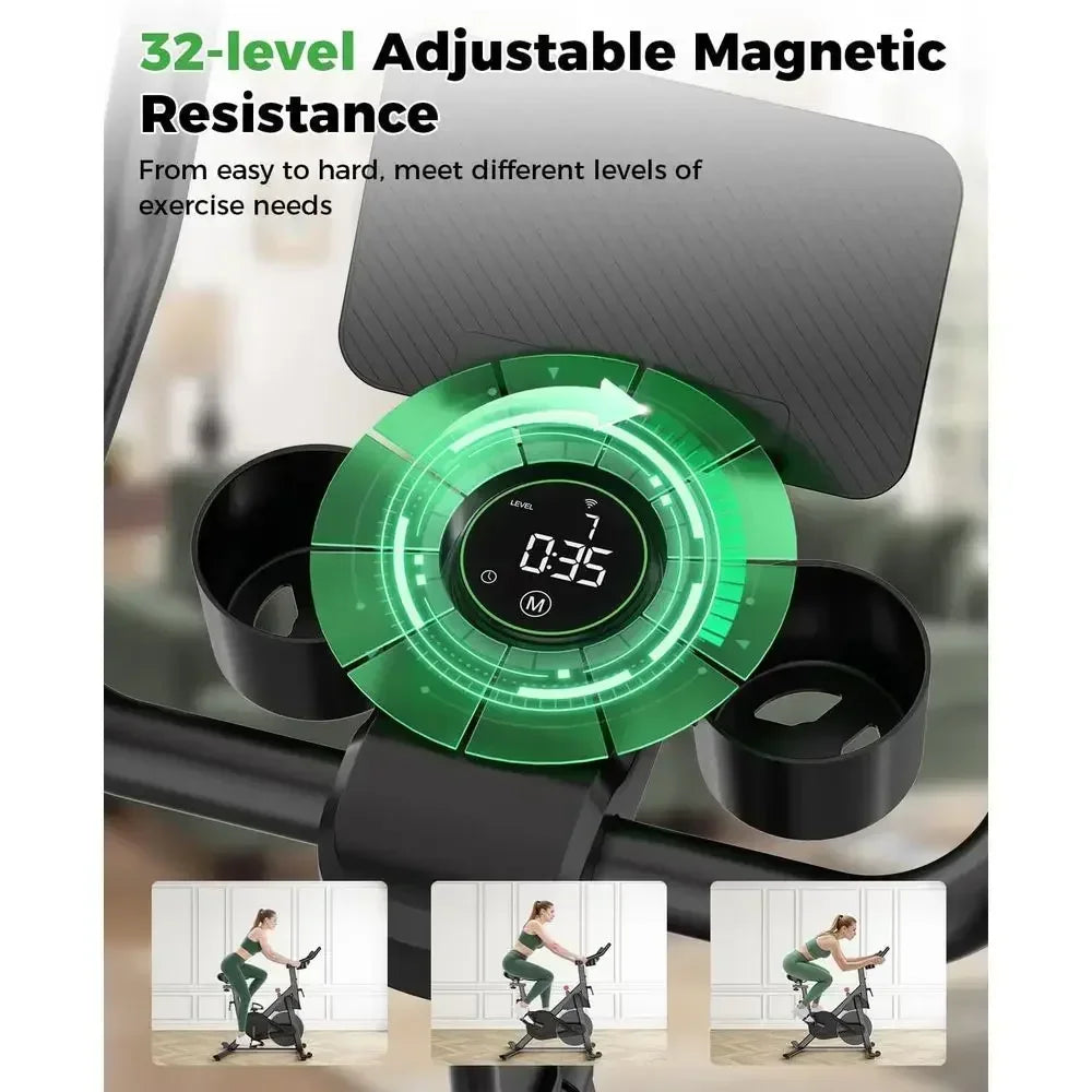 Silent 32-Level Magnetic Resistance Exercise Bike - 300 lbs Capacity with LCD, Cup Holder, and Pad Mount for Home Gym