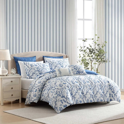 Reversible King Comforter Set with Cotton Bedding, Includes Shams, Euro Shams & Throw Pillows in Elise Blue